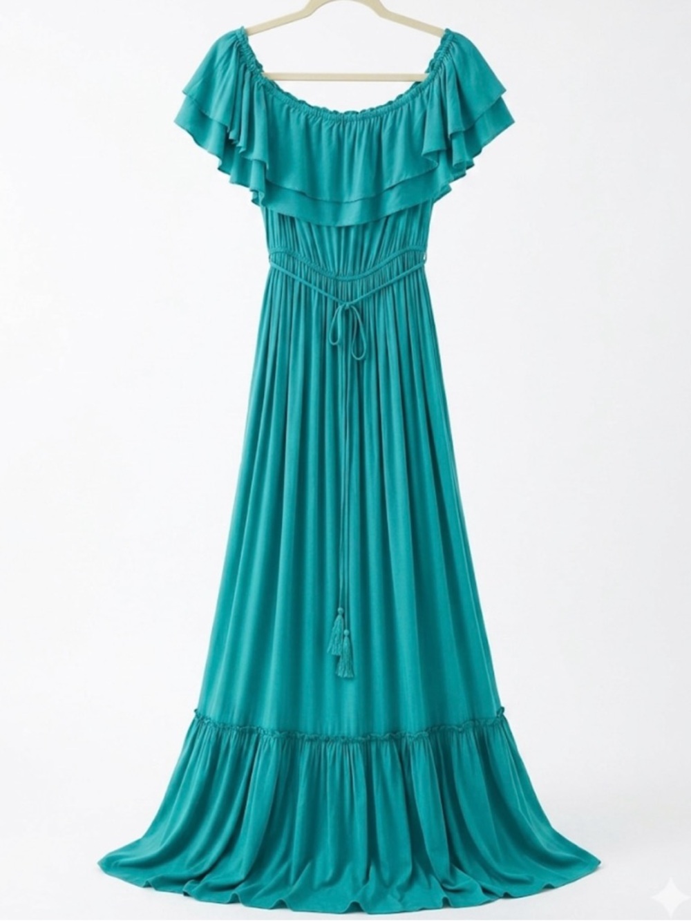 Fashion Nova Turquoise Off-Shoulder Ruffle Maxi Dress 100% Rayon